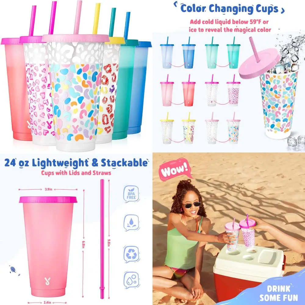 

plastic cups with lids and straws - 6 pack 24 oz color changing cups, iced coffee cups, reusable tumblers bulk for party, car,