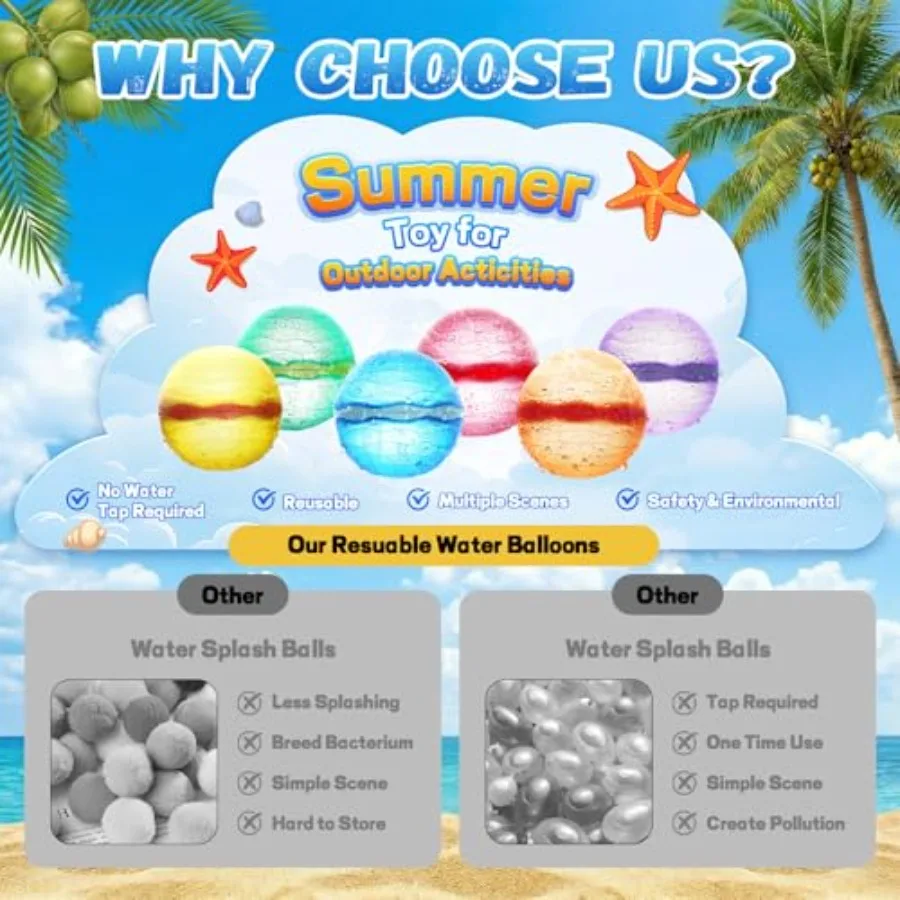 Outdoor summer water toys for kids ages 3+: reusable self-sealing refillable magnetic water balloons in assorted colors, made o