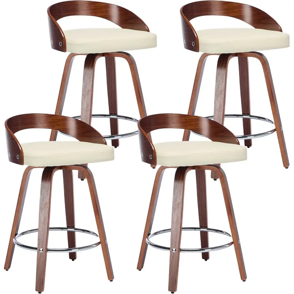 

Set of 4 Swivel Bar Stools: 25 Inch Counter Height, Beige PU Leather Upholstery, Walnut Wood, Ideal for Kitchen Island or Dining