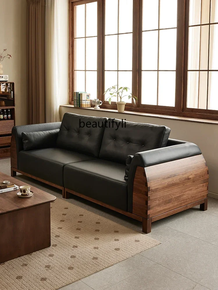 C85 North American Black Walnut Wooden Sofa Nordic Simple Leather Sofa Living Room Home Straight Row All Solid Wood Sofa
