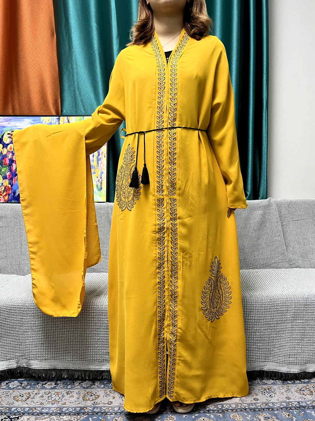 Abayas Ouvertes Musulmanes pour Femmes, Robe Africaine en Mousseline de Soie, Diamants, Robes de Soirée Islamiques avec Turban, Mode 2024