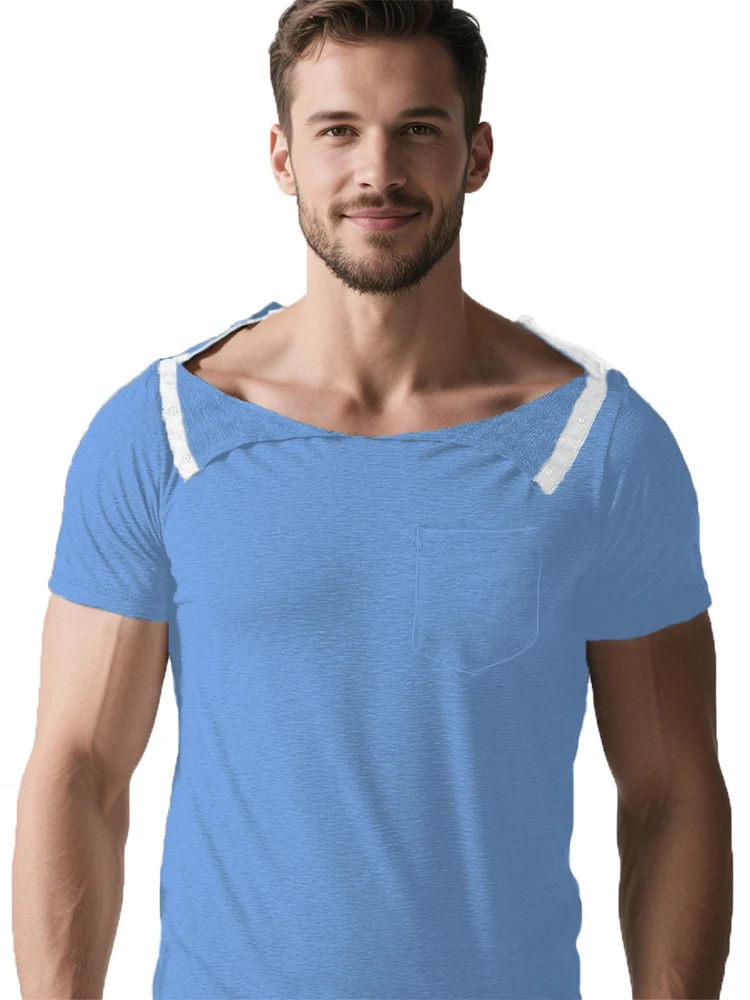 Men's shoulder surgery shirt with removable short sleeves and fully open side snap adaptive chemotherapy clothing for recovery