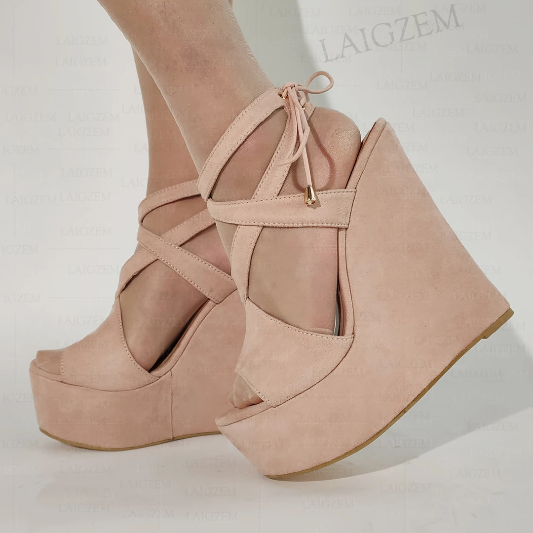 

LAIGZEM Женские сандалии из искусственной замши на танкетке с ремешком на щиколотке и открытым носком Туфли-лодочки женские на шнуровке Женские большие размеры 38 41 42 45 48