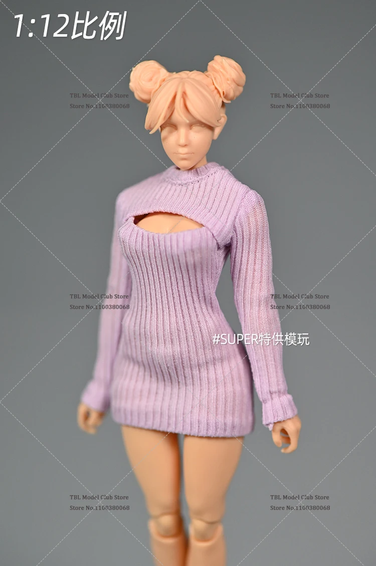 In Stock 1/12 Scale Female Soldier Long Knit Dress Slim Round Neck Solid Color Open Chest Sweater Fit 6inch Action Figure Doll