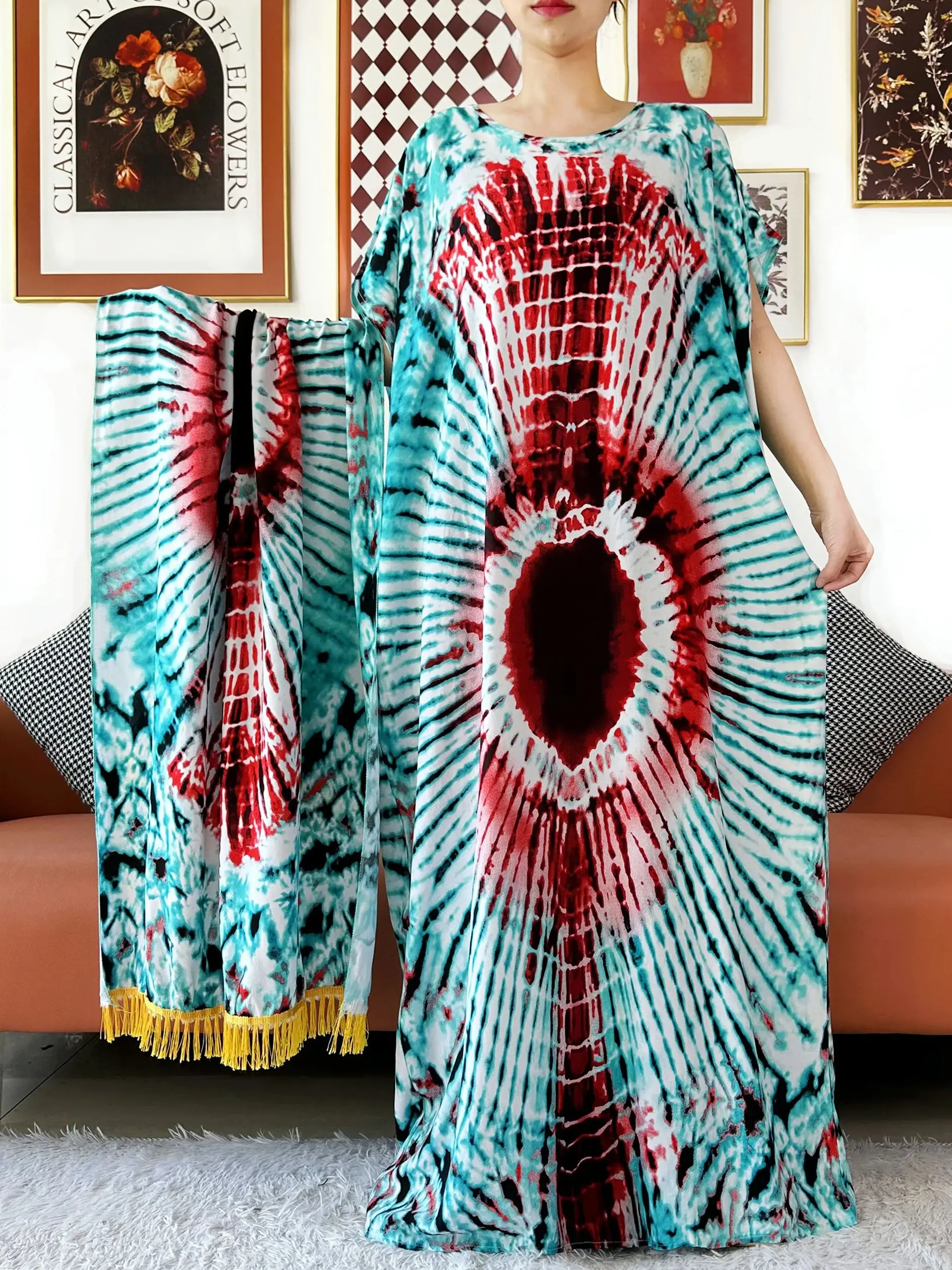 우아한 무슬림 드레스 타이다이 O넥 반팔 코튼 여성 루즈 아바야 보헤미안 맥시 드레스 캐주얼 드레스 아프리카 베스티도스