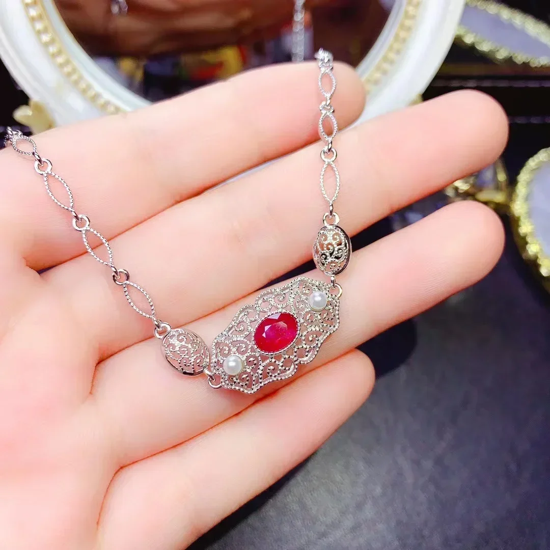 

New Natural Ruby Ladies Bracelet 925 Sterling Silver Bracelet Christmas Gift Boutique Jewelry with Stone Pearls