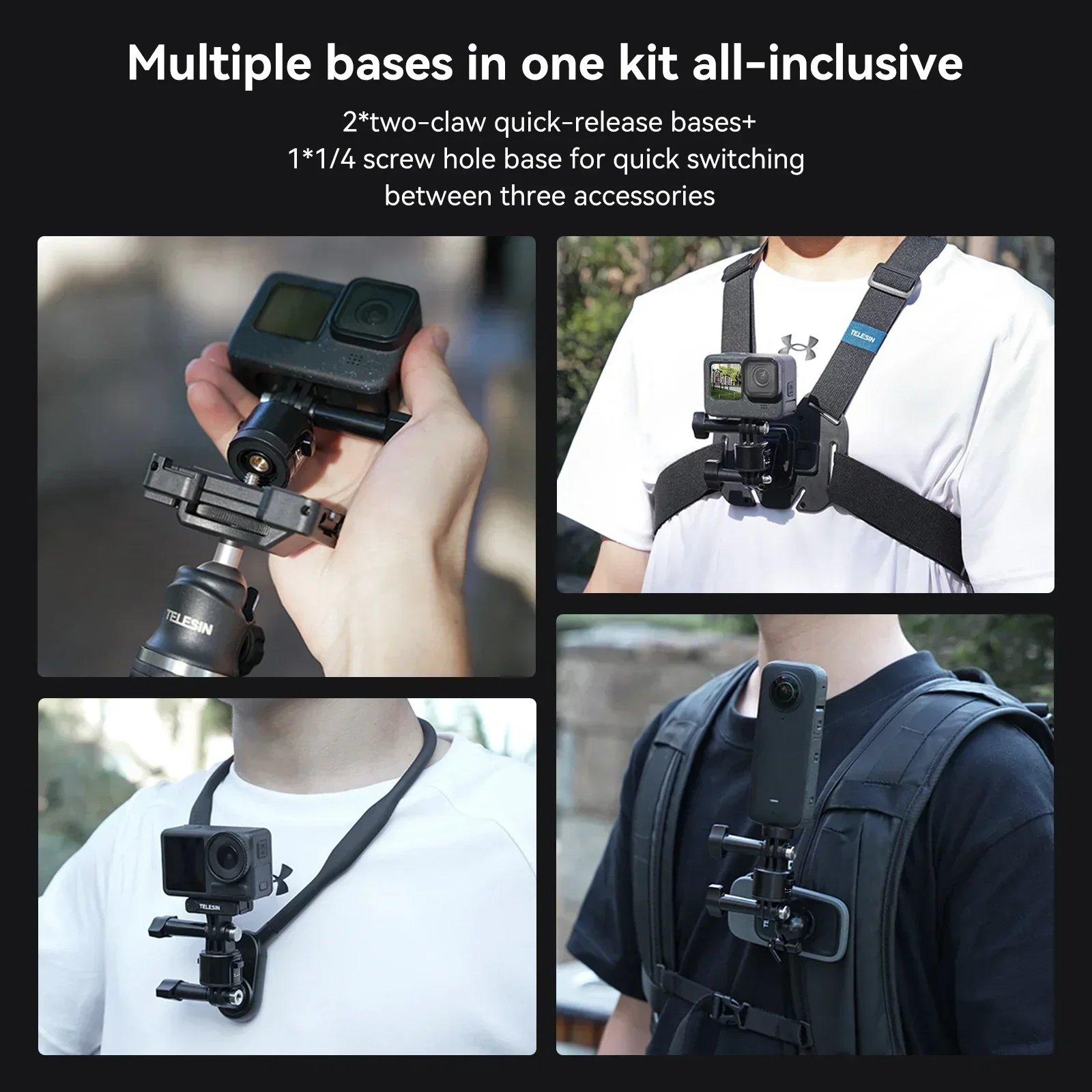 Магнитный быстросъемный адаптер TELESIN для Gopro Hero13 12, 11, 10, 9, 8, 7, 6, комплект адаптеров DJI OSMO Action 5 4 3 Insta360 X4 ACE Pro