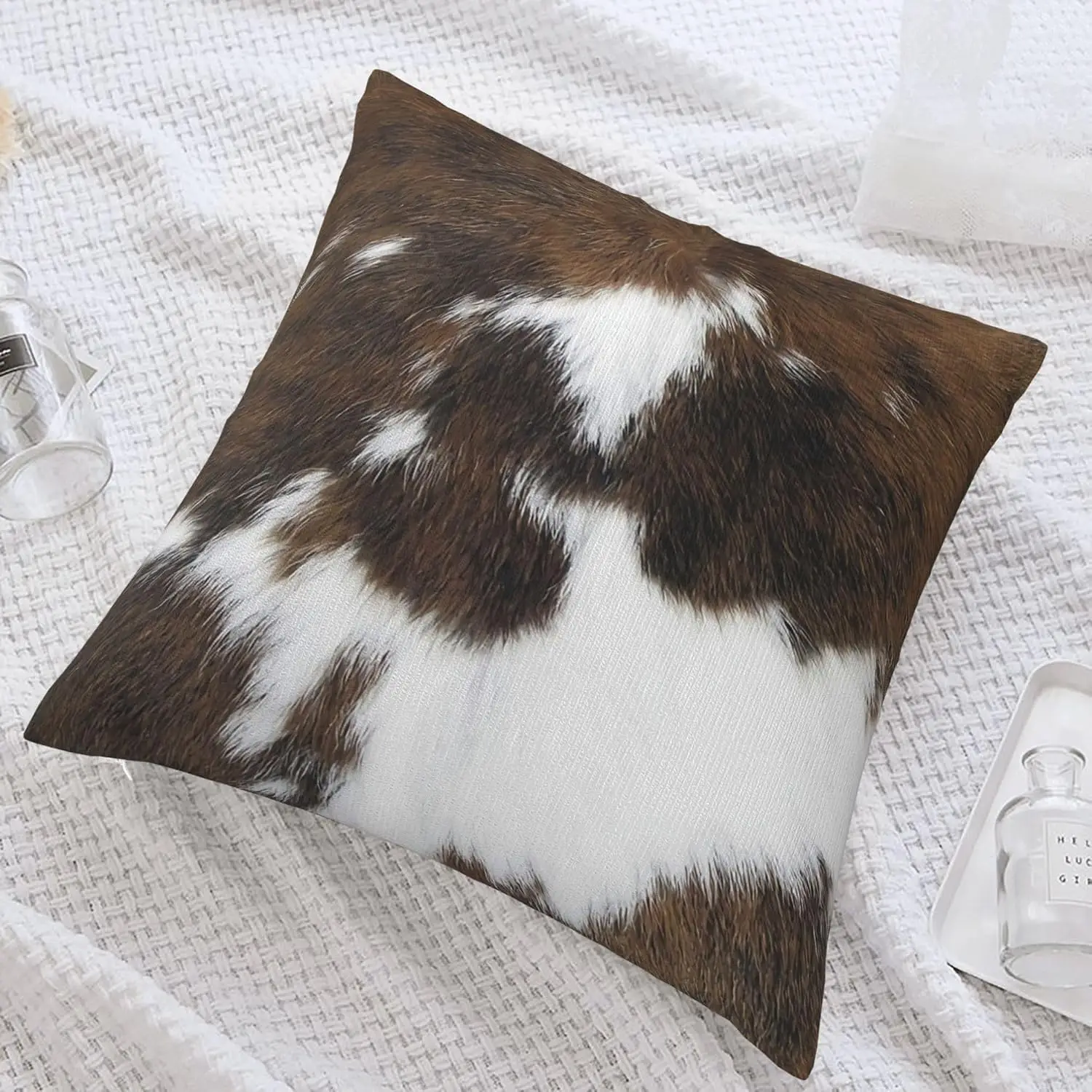 Cow Hide Print Throw Pillows Cover 18x18 Inch Brown Cowhide Faux Fur Pillow Covers Soft Farm Animal Skin Pillowcase Decorative C