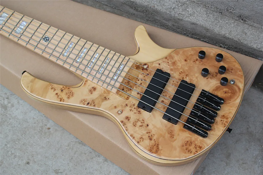 Flyoung 6 Strings Natural Wood Color Electric Bass Guitar with White Pearl Inlays,Offer Customize