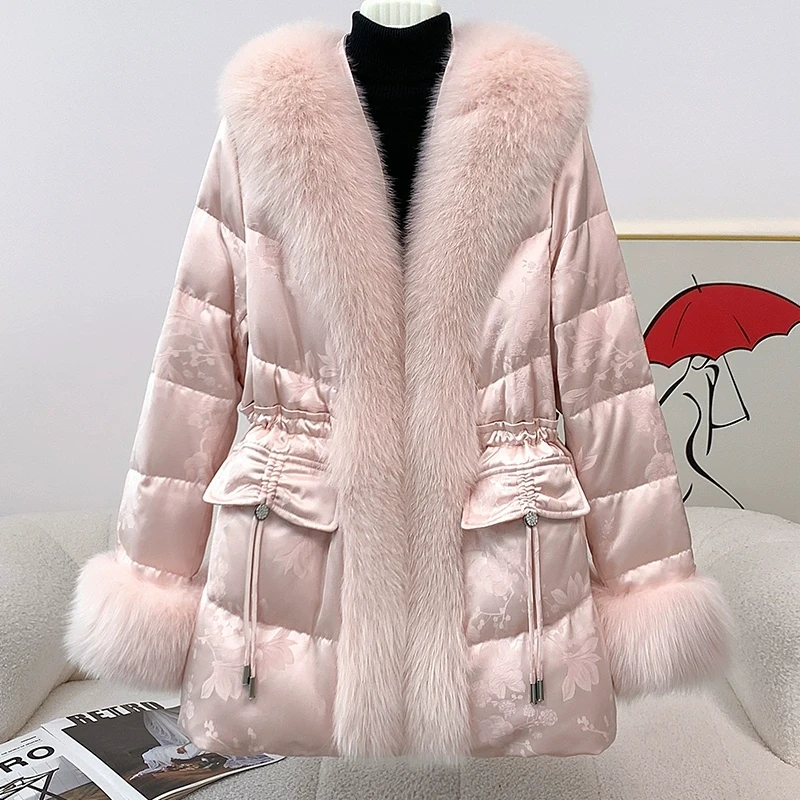 معطف فرو الثعلب للنساء الراقية 2026 منتصف إلى طويل التخسيس الشتاء أوزة أسفل معاطف أنثى موضة معطف باركر دافئ #1