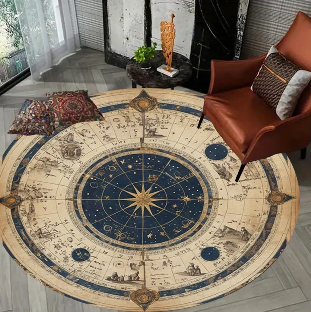 Starry Sky Printed Circular Carpet Star Moon Pattern Carpet Dreamy Compass Living Room Bedroom Decoration Rug