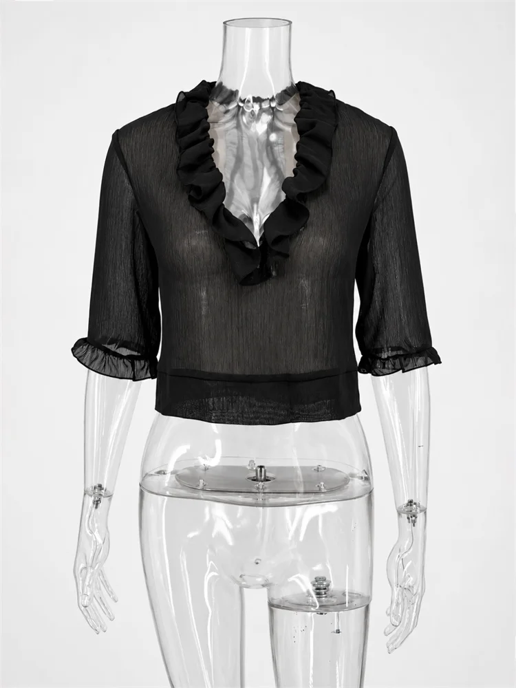 Tossy Sweetheart Crop Top Half Sleeve Ruffle Trim Slim Fit Sheer Night Out Party Cocktail Date Night Sheer Hem Cropped Top 2026