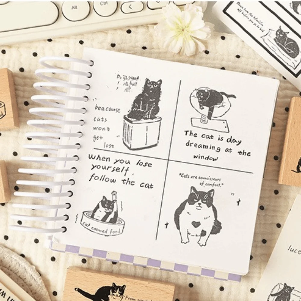 8pcs New Wooden Stamp Set DIY Crafts Stationery Supplies Hand Carved Stamps Cartoon Cat Journal Stamps for Children