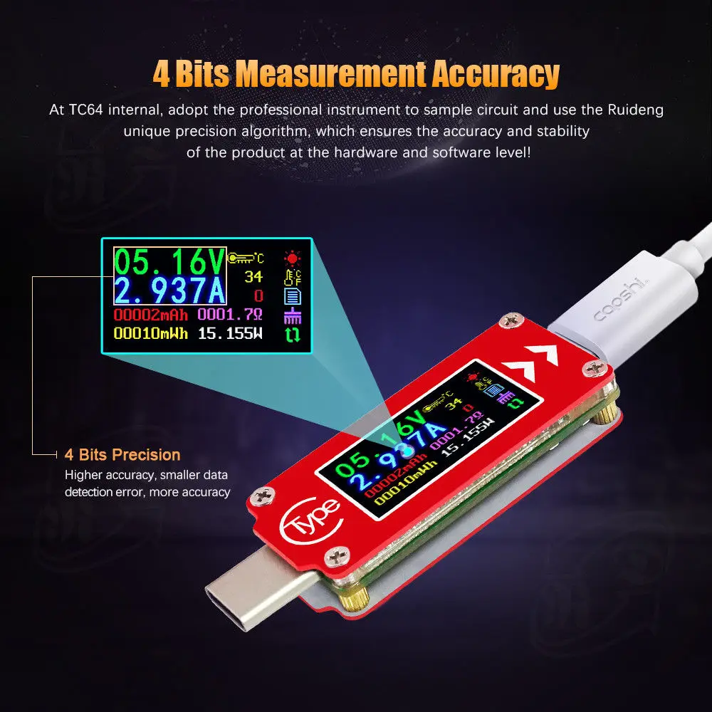 TC64 Mini Color LCD Type-C USB Tester USB Voltmeter Ammeter Multimeter Voltage Current Meter for Battery PD Charge Power Bank