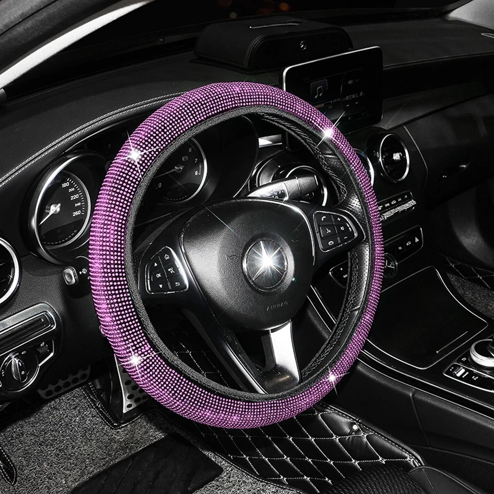 Rhinestone Car Steering Wheel Cover Leather Steering-Wheel Decoration Cover Bling Crystal Auto Styling Car Accessories for Woman