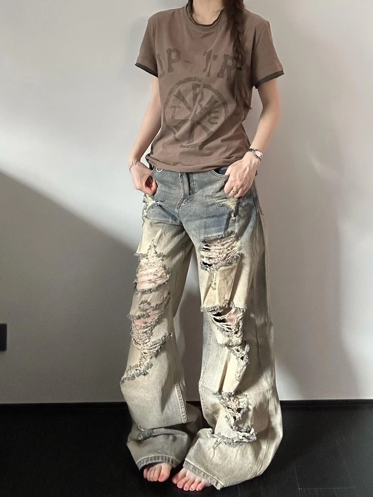 Sweet Cool Spicy American Style Faded Denim Jeans Women Summer Design Loose Slim Straight Wide Leg Long Pants High Waist