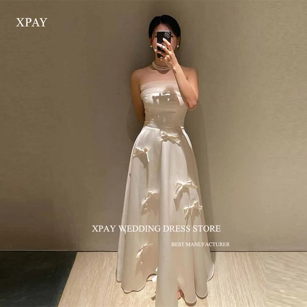 

XPAY Simple A Line Korea Wedding Dresses Photo shoot Bowknot Bolero Soft Satin Strapless Corset Back Bridal Gowns Vintage