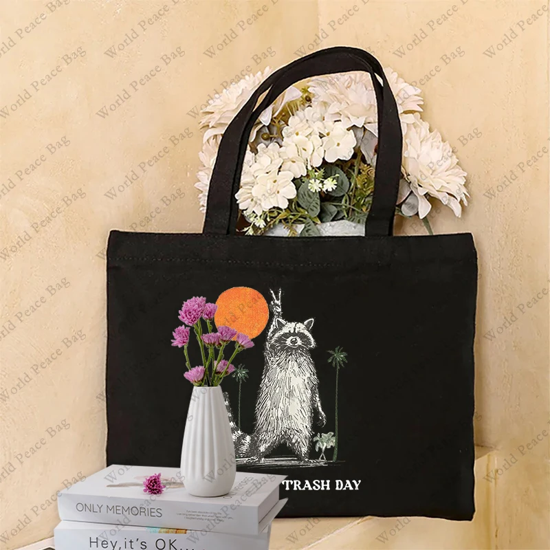 1 pc Everyday Is Trash Day Raccoon patternTote Bag  Canvas Shoulder Bag For Travel Daily Commute Women\'s Reusable Shopping Bag