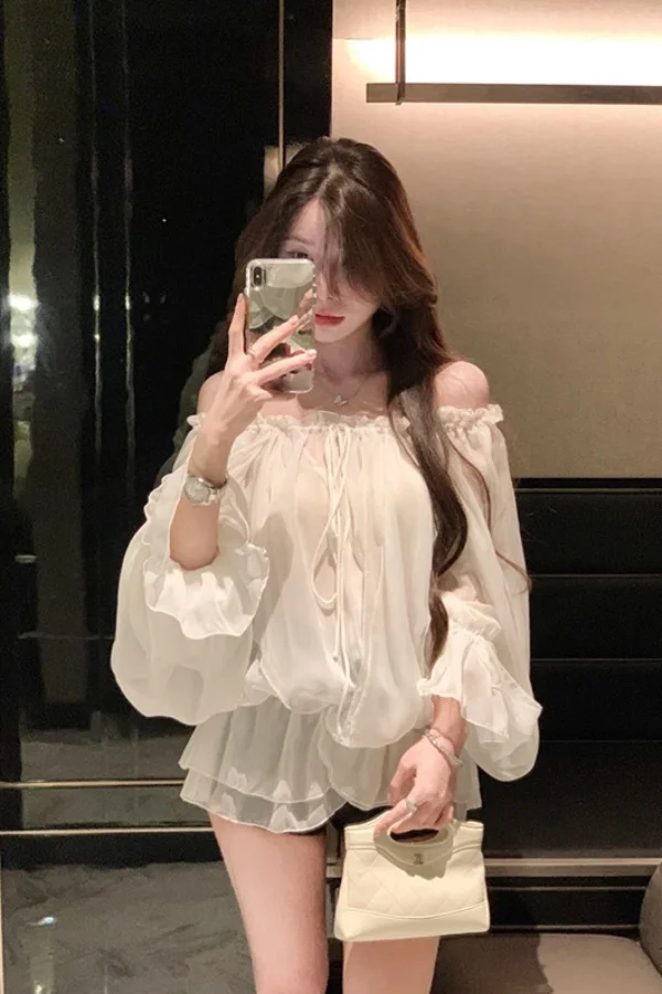 

Korejpaa French Style White Shirt Chic Long Sleeved Top Women 2025 Summer New Slash Neck Off Shoulder Gentle Blouse Blusas Mujer