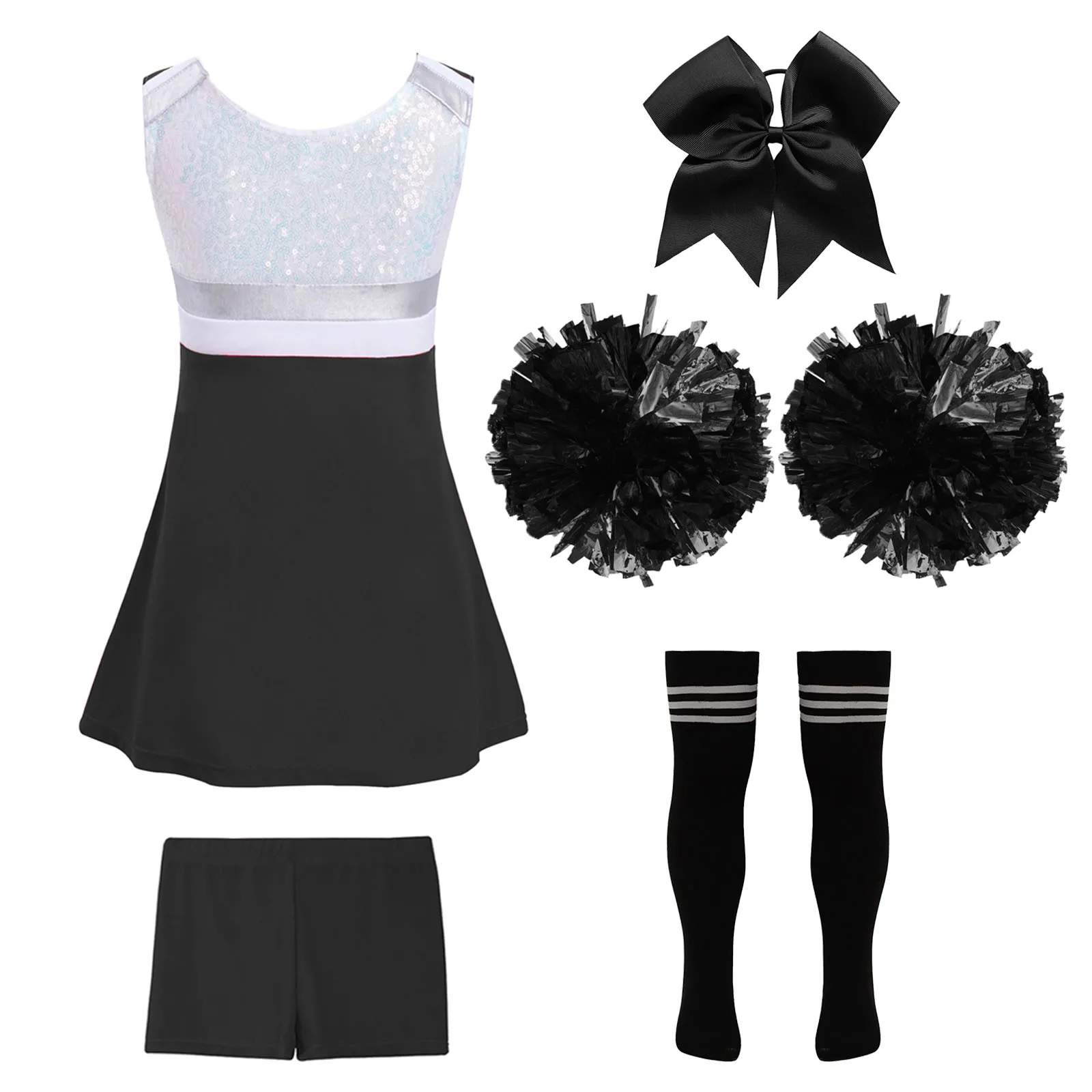 

Kids Girls Cheerleader Costume Sequins Hip Hop Jazz Dance Performance Outfit Halloween Cheerleading Sports Uniform Dress Up
