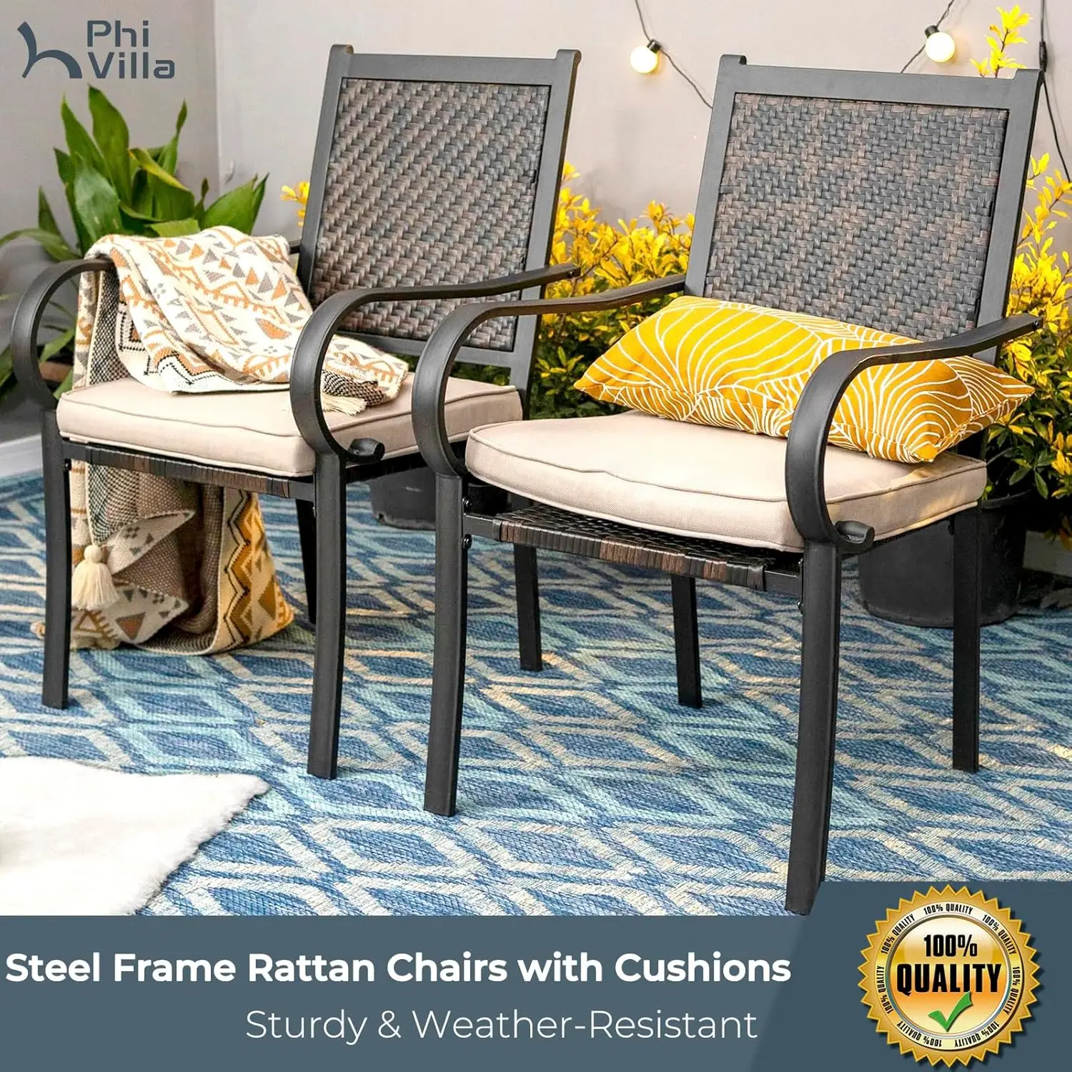 

Outdoor Rattan Dining Chairs Set of 2, Wicker Chairs with Removable Cushion Metal Framefor PatioDeckYard, Porch