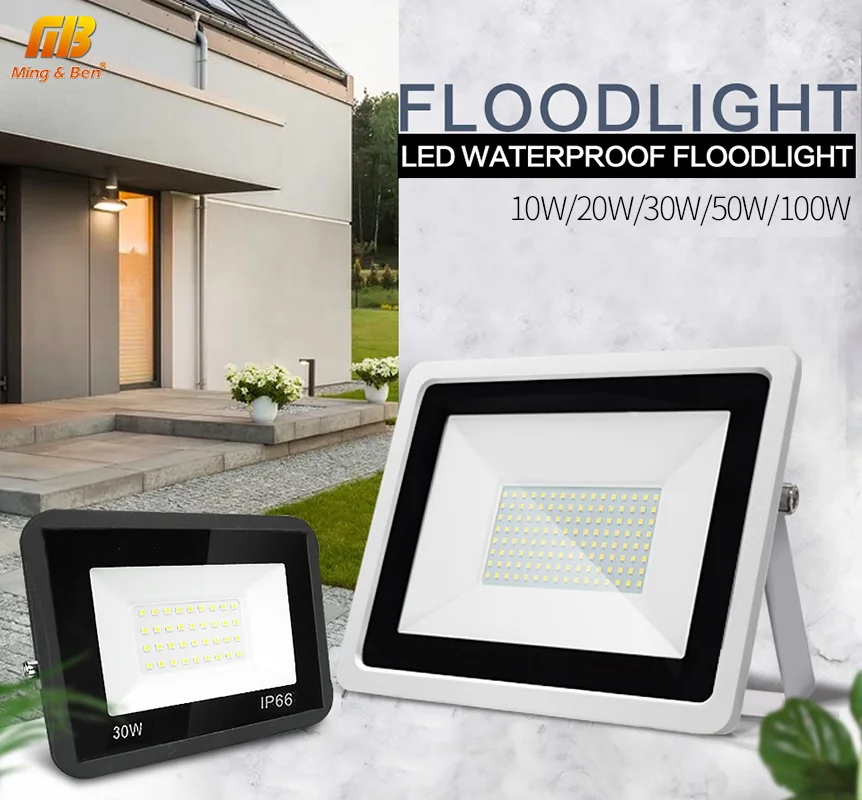 

MINGBEN 10W 20W 30W 50W 100W LED Flood Light Outdoor IP66 Waterproof 220V White Black for Garden Spotlight Exterior Wall