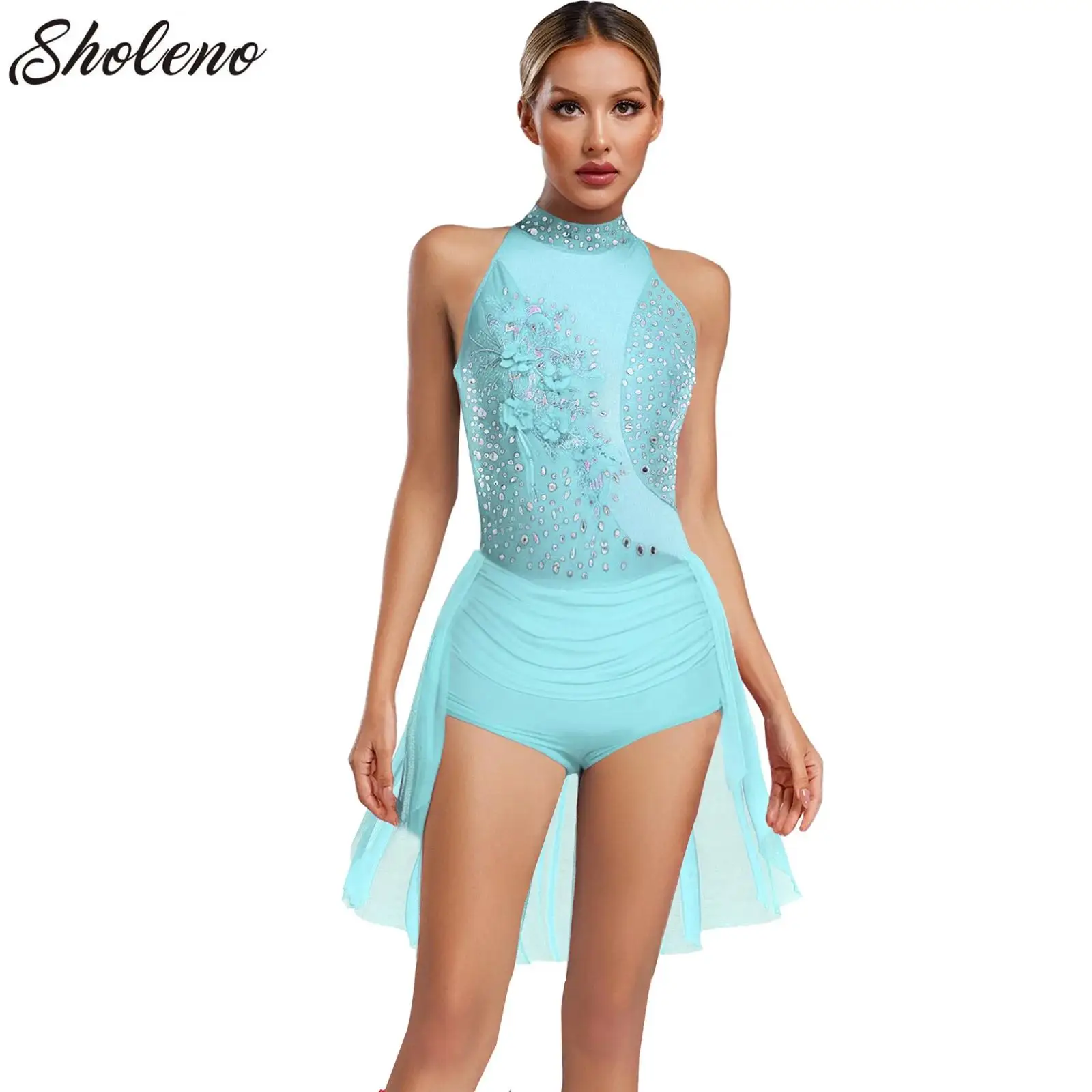 

Women Figure Ice Skating Dress Applique Lyrical Dance Ballet Gymnastics Leotard Tutu Glittery Rhinestone Performance Dancewear