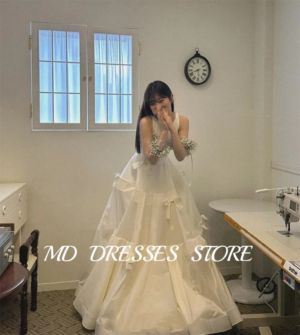 MD Simple Taffeta A-line Wedding Dresses Korea Photoshoot O-Neck Bow Customized Reception Dresses 2025 Evening Party Dresses
