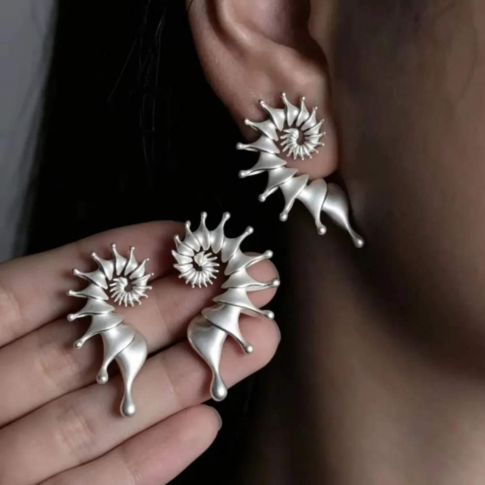 Ancient Silver Gothic Stereo Conch Stud Earrings Punk Halloween Personality Ear Jewelry for Men Women Vacation Party Gift