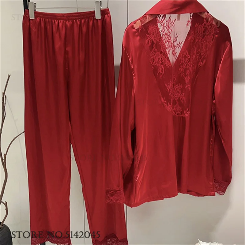 

Бордовый шелковый пижамный костюм из двух частей: брюки и топ, новинка весенней коллекции, женская домашняя одежда, сексуальное кружевное белье с вырезами, для сна и отдыха