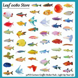 50PCS Cute Fish Stickers Cartoon Marine Animal Decals For Laptop Luggage Water Cup Notebooks Phone Case PET Transparent Stickers