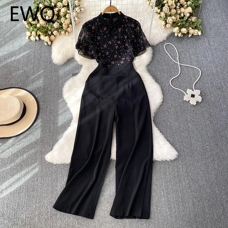 EWQ Casual Mesh Patchwork Flowers Print Women\'s Jumpsuit Fashion Stand Collar Short Sleeve High Waist Clothing 2024 New 27X1145