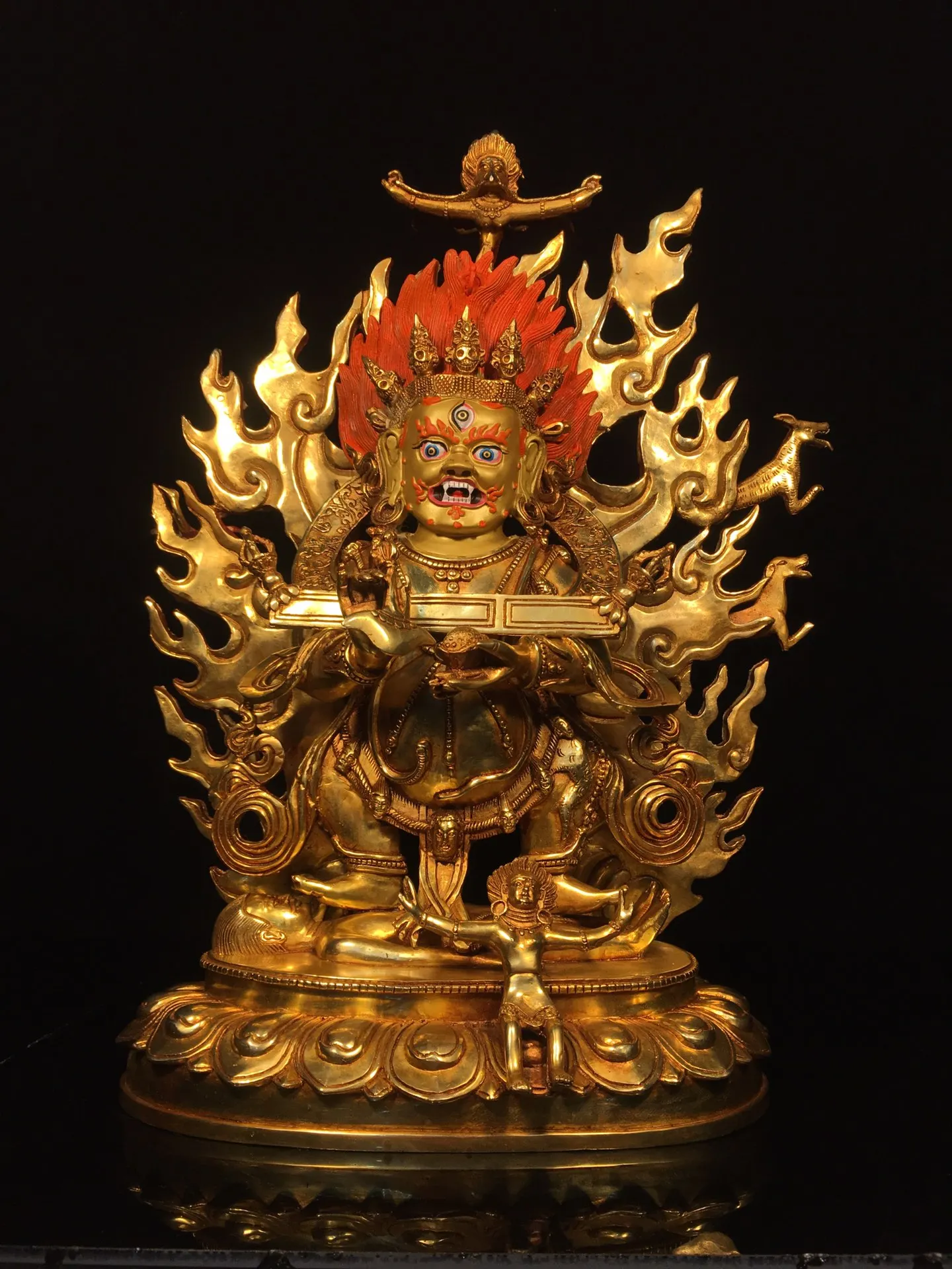 

17"Tibet Temple Collection Old Bronze Gilded Cinnabar Face Painting 2-arm Mahakala Tibetan Buddha Worship Hall Town house