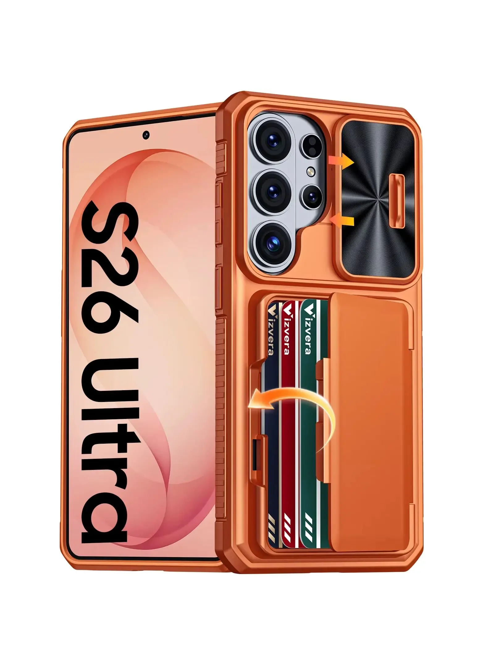 Galaxy S26 Ultra Case Wallet RFID, kaarthouder, camerabescherming, robuuste, schokbestendige siliconen beschermhoes voor de hele telefoon - oranje - afbeelding 2