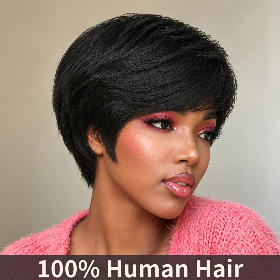 Layered Short Pixie Cut Human Hair Wig with Bangs Brazilian Remy Hair Full  Machine Made Human Hair Wig 200% Density 4 Inch Short Pixie Cut Wigs Human Hair