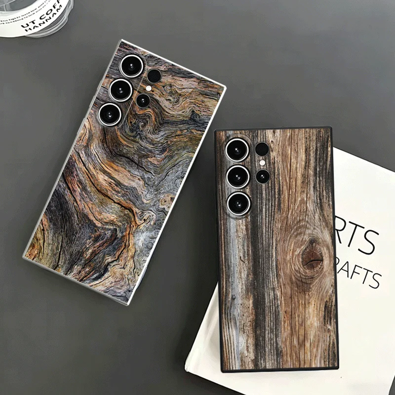Vintage Wood Grain Pattern Soft Phone Case For Samsung S24 S25 S26 Ultra S23 S22 Plus S21 S20 FE Edge + Black White Couple Cover