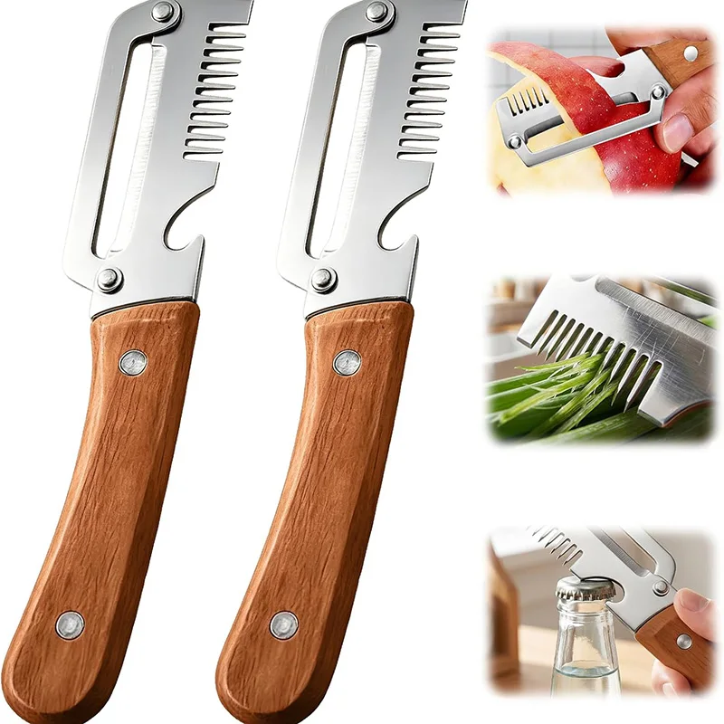 Nova Faca de Descascar Aprimorada 2 em 1 para Legumes, Frutas e Batatas, Descascador com Cabo Ergonômico de Madeira e Lâmina de Aço Inoxidável, Utensílio de Cozinha