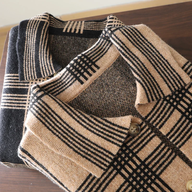 Autumn And Winter 100% Pure Wool Cardigan Men's Lapel Plaid Cardigan Joker Knitted Cashmere Sweater Coat