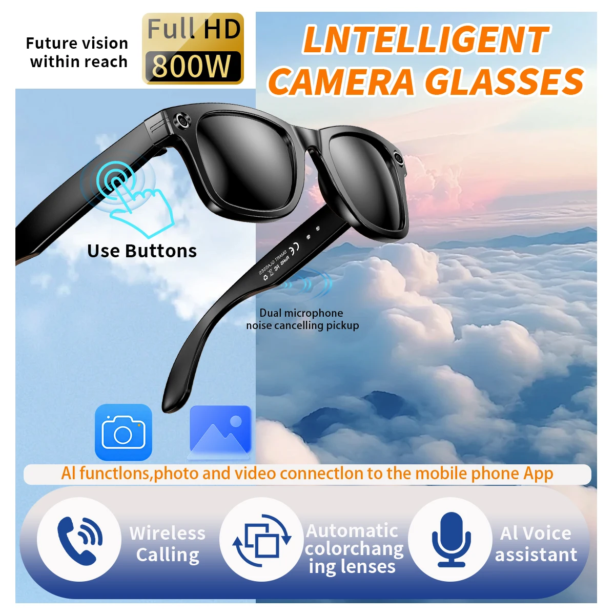 

LIGE новые умные очки с камерой, видеозапись, AI, распознавание фотографий, Bluetooth-перевод вызовов, очки, голосовые солнцезащитные очки для мужчин