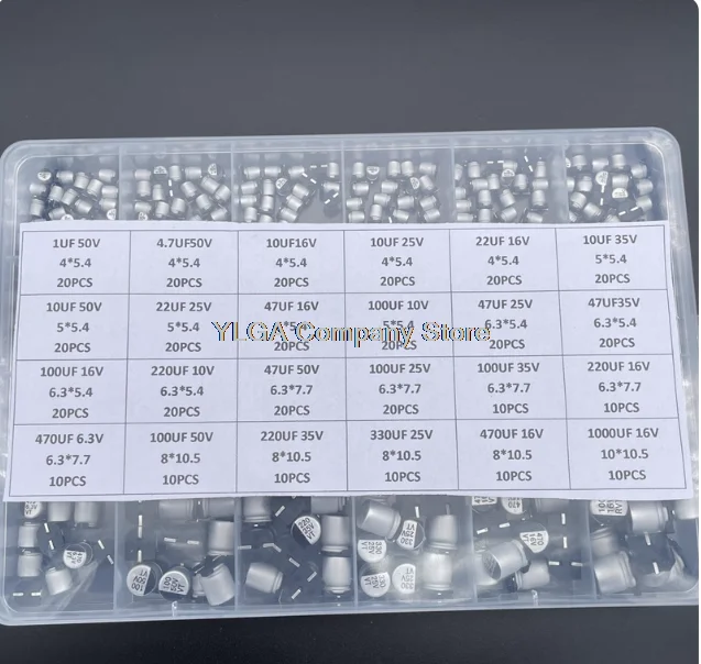 400 pieces of 24 specifications 1uF -1000uF 50V SMD surface mount aluminum electrolytic capacitor accessories boxed
