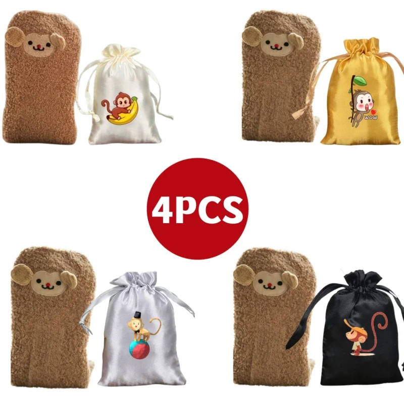 4 pairs of coral fleece women's socks  cat cartoon winter thick and warm Christmas gift bag socks, home floor sock