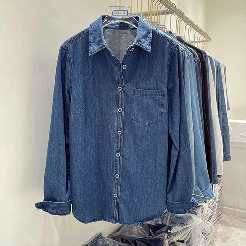 Basic POLO Collar Denim Blouses 2023 Spring Women Jean Shirts Pocket Design Long Sleeves Blue Blusas Mujer Casual Cowboy Tops