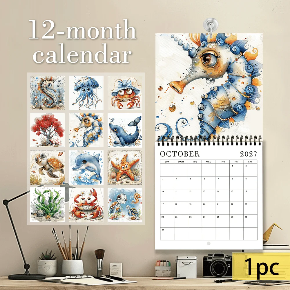 1pc 2027 Watercolor Marine Life Wall Calendar,12‑Month Planner,Gift For Back‑to‑School,Christmas,New Year,Free Stickers Included