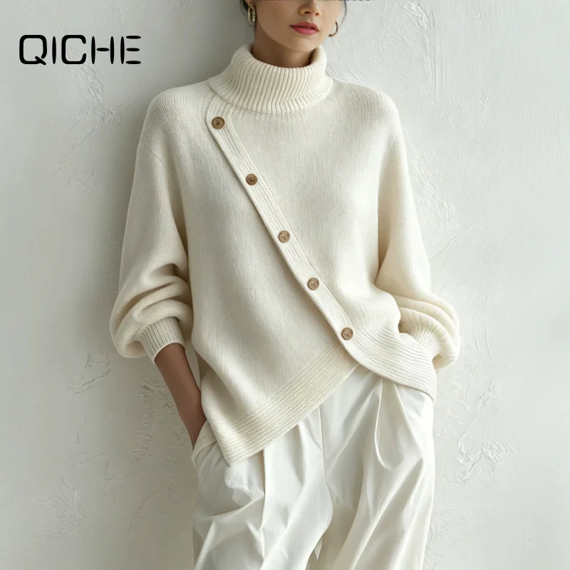 QICHE 2026 New Turtleneck Lazy Style Sweater Women Split Hem Loose Plus Size Chic Knit Base Top Autumn Winter