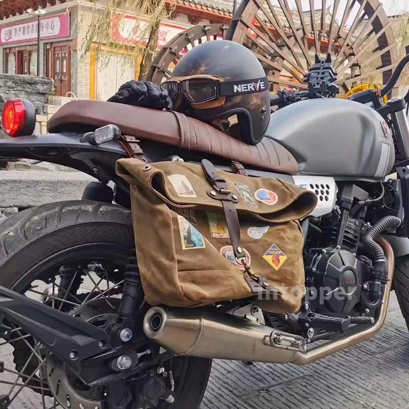 Vintage Men Motorcycle Backpack Waterproof Canvas Leather Retro Rear Seat Bag Motocross Saddlebags Biker Side Bag Brown