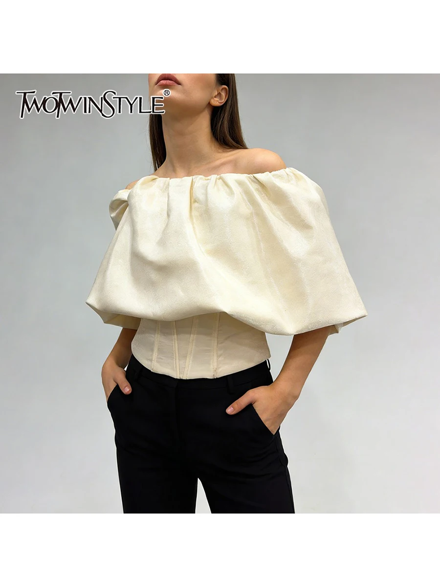 

TWOTWINSTYLE однотонные утягивающие модные блузки со складками для женщин, туника без рукавов с разрезом на шее, элегантная блузка, женская осенняя новинка