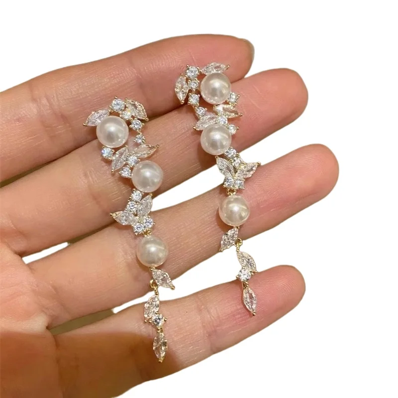 

Серьги с бахромой из циркона и жемчуга, уникальные длинные легкие роскошные серьги с серебряной иглой