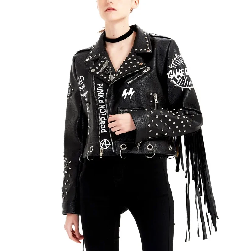 

PU Leather Jacket for Women Cropped Fashion Punk Rock DJ Coats Printed Rivets Fringed Motorcycle Biker Jackets Streetwear