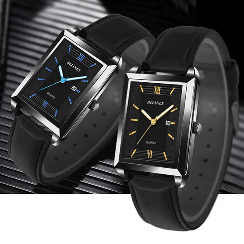 남성용 캐주얼 가죽 시계, 사각형 쿼츠 시계, 한국어 버전, 학생용 달력 시계, 새로운 패션