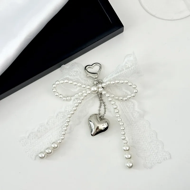 1PC Plastic Sweet Pearl Bow Keychain Heart Shaped Lace Pendant Korean Y2K Car Keychain Bag Accessories Simple Girlish Heart